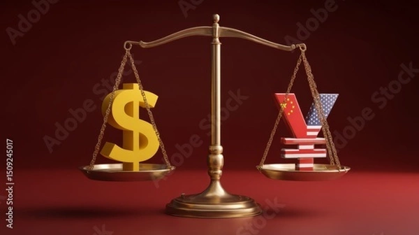 Fototapeta United States Dollar Versus Chinese Yuan Currency Comparison on Balance Scale, Global Finance and Trade Concept.