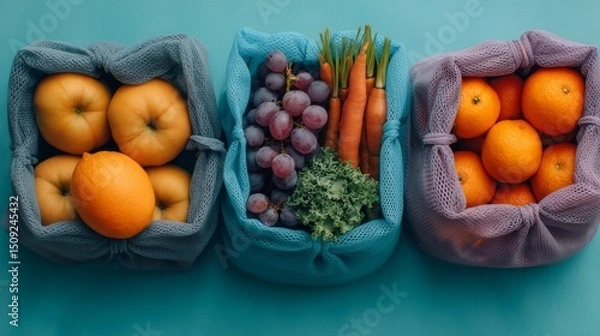 Fototapeta Vibrant Citrus Fruits in Mesh Bags on Blue Background - Fresh Produce and Healthy Eating Concept