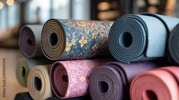 Fototapeta Stacked rolls of patterned fabric showcasing textile design and material samples for fashion, craft, or interior decoration projects.