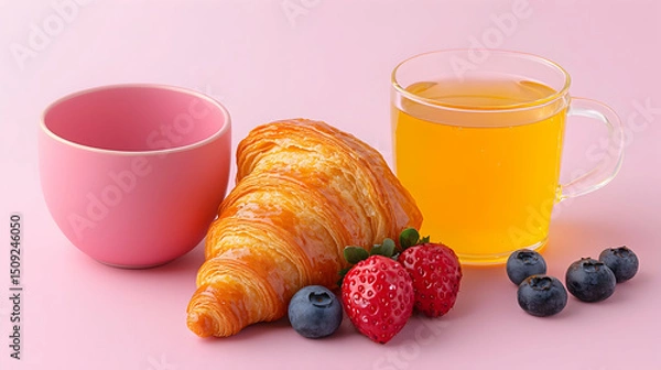 Fototapeta Buttery Croissant with Berries and Orange Tea on Pink Background