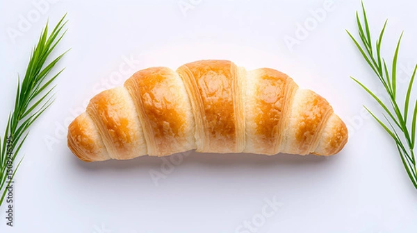 Fototapeta Golden Brown Croissant on White Background with Green Herbs