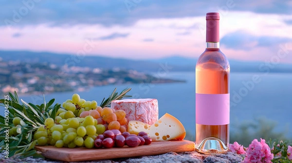 Fototapeta Sunset Coastal Picnic with Rose Wine and Cheese