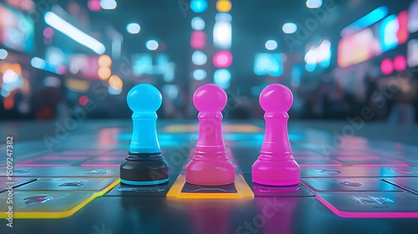 Fototapeta Three Neon Chess Pieces on a Board Game in a City at Night