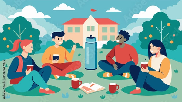 Fototapeta A group of students sit in a circle on campus passing around a thermos filled with hot yerba mate to stay energized during finals week.. Vector illustration