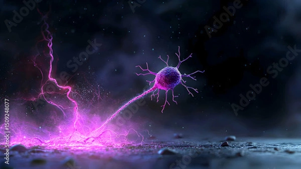 Fototapeta Abstract Purple Neuron with Pink Energy Spark in Dark Space