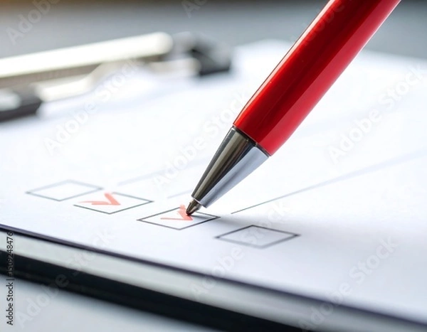 Fototapeta Red pen marking checkboxes on a checklist on a clipboard
