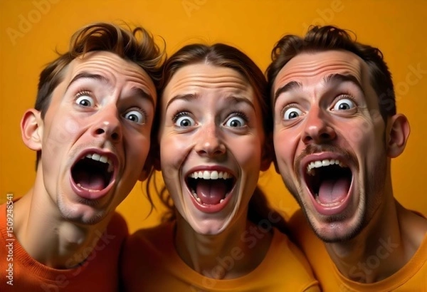 Fototapeta Close-up portraits of people making exaggerated funny faces — bulging eyes, wide smiles, silly poses — studio lighting, isolated on neutral background, ultra-sharp detail