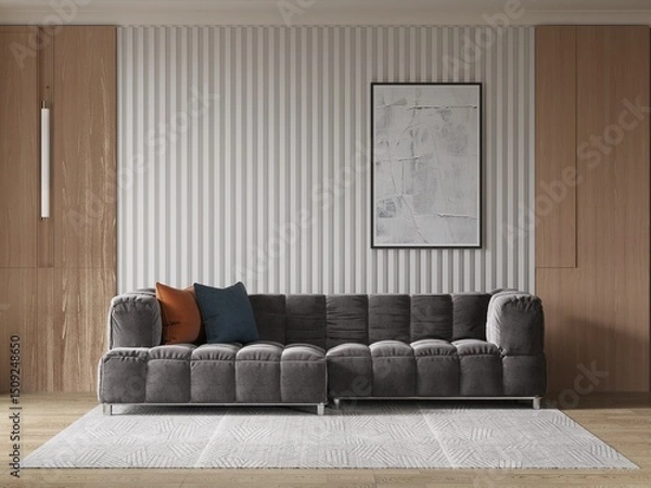 Fototapeta Mock up of a compact living room with trendy sofa design and stylish decorative background, 3D rendering.