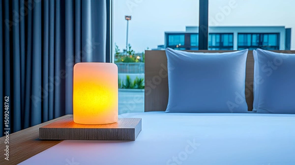 Fototapeta Warm Lit Salt Lamp on Modern Minimalist Nightstand in Serene Bedroom