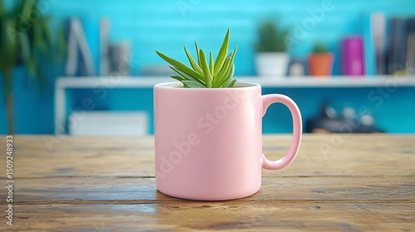 Fototapeta Pink Mug with Small Succulent on Wooden Desk