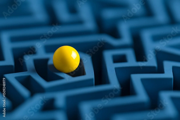 Obraz A bright yellow ball rests in a blue maze, symbolizing challenges and problem-solving.  Concept of finding a solution or navigating a difficult path.