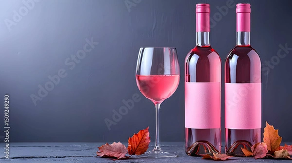 Fototapeta Two Bottles and Glass of Pink Ros? Wine with Autumn Leaves