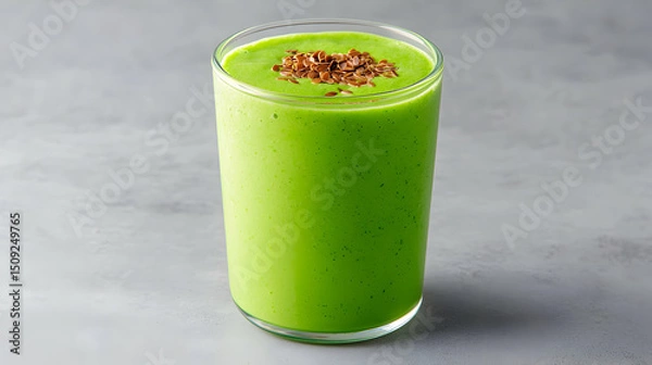 Fototapeta Refreshing Green Smoothie in Glass with Flax Seeds