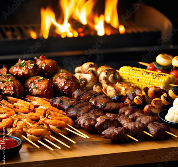 Fototapeta verity of BBQ foods on the table with fire grill on the background.
