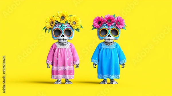 Fototapeta Two Sugar Skulls with Flower Crowns in Pink and Blue Dresses on Yellow Background
