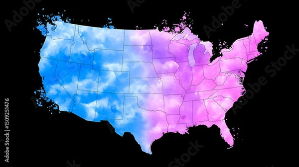 Fototapeta Abstract Watercolor Map of the United States in Blue and Pink