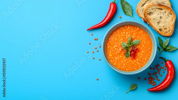 Fototapeta Vibrant Red Lentil Soup with Chili Peppers and Bread on Blue Background