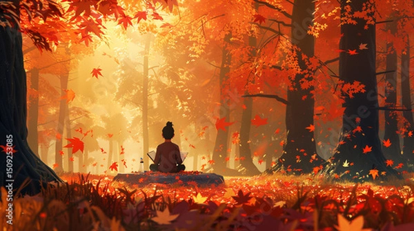 Obraz Autumn forest scene with warm colors, falling leaves, and someone journaling beside a meditation stone.