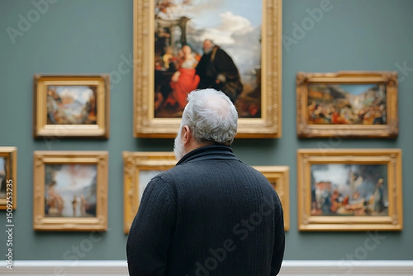 Obraz Art Enthusiast: Man views framed paintings in an art gallery. A gray-haired man engrossed in paintings at a museum, seeking inspiration.