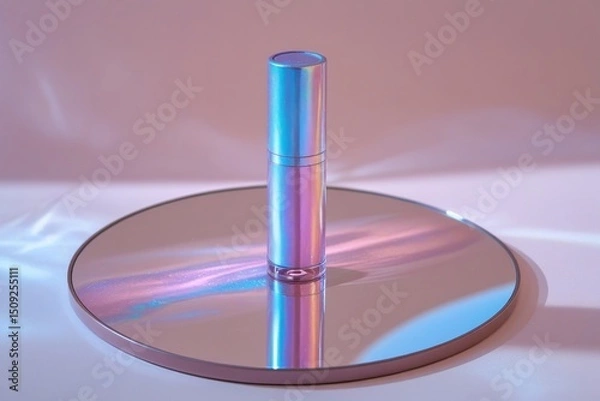 Fototapeta A luxury lipstick mockup in a pearlescent, iridescent case, softly gleaming with a rainbow of subtle colors on a textured silk surface