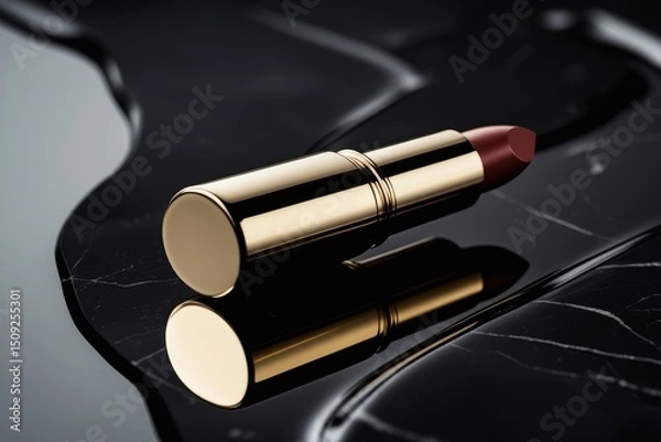 Fototapeta A luxurious gold lipstick mockup standing upright on a glossy black surface, with subtle, dramatic lighting creating deep shadows