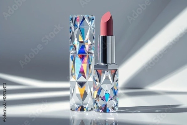 Fototapeta Close-up of a sleek, glossy lipstick case with subtle light reflections, displayed on a minimalist vanity with soft shadows