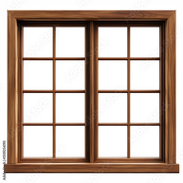 Fototapeta Classic wooden window frame with multiple glass panes isolated on transparent background