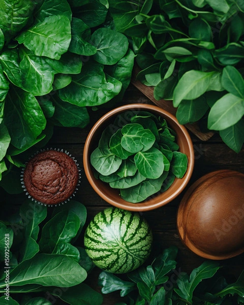 Obraz Minimalist Juneteenth Food Spread: Cupcakes, Collard Greens and Sliced Watermelon on Rustic Table