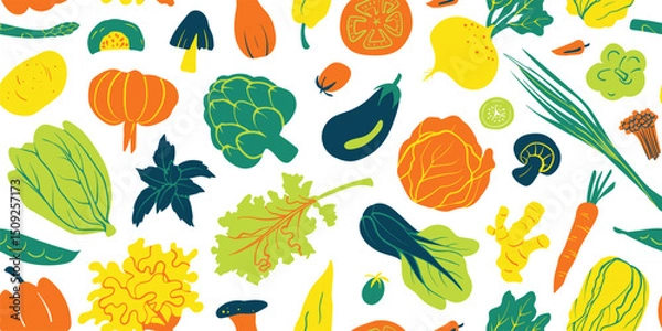 Fototapeta Seamless mixed vegetable pattern in minimal graphic illustration style, colorful vivid colors on a transparent background. Veggie Time! Series.