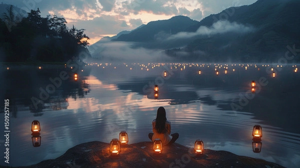 Obraz Calm lakeside scene at dusk with candle-lit floating lanterns and person in quiet seated position.