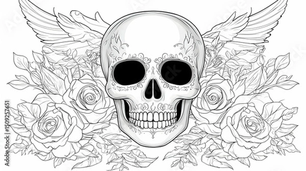 Fototapeta Monochrome Skull with Intricate Winged Design