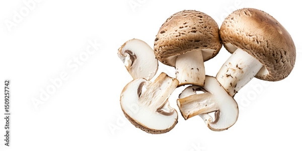 Fototapeta Top view of sliced mushrooms, white background