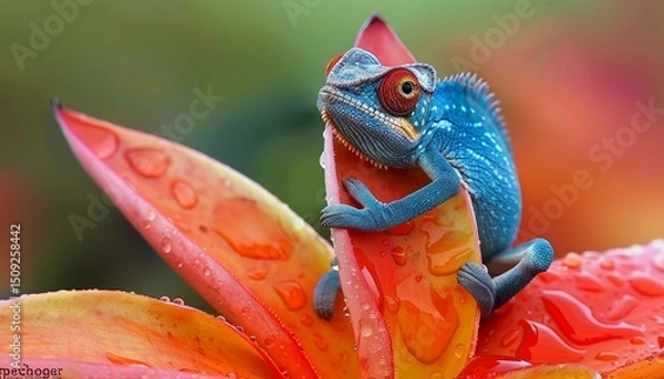 Fototapeta Chameleon skillfully blending into a vibrant and colorful background for perfect camouflage