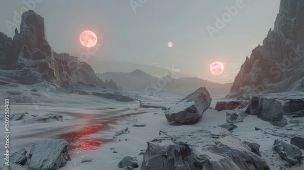 Fototapeta Breathtaking fantasy desert landscape illuminated by majestic twin suns in a surreal setting