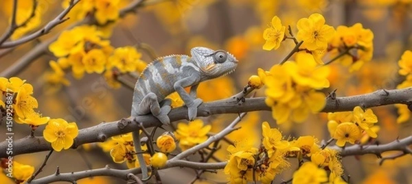 Fototapeta Chameleon camouflaging effortlessly against a vibrant and colorful background environment