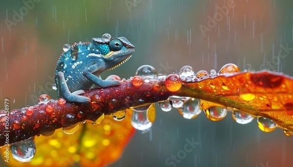 Fototapeta Chameleon camouflaging perfectly among vibrant colors of its surrounding environment