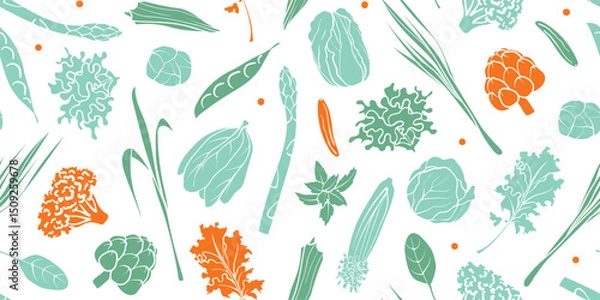 Fototapeta Seamless mixed vegetable pattern in silhouette illustration style, green and orange solid colors on a transparent background. Veggie Time! Series.