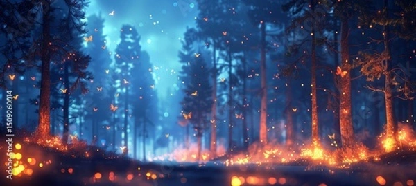Fototapeta Magical fireflies illuminating a vibrant summer forest landscape during a serene twilight hour