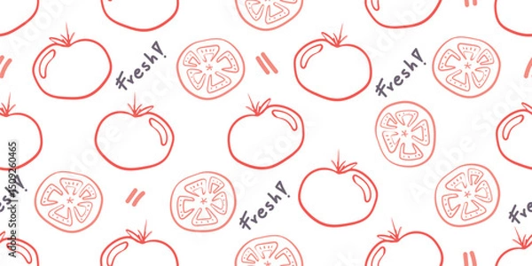 Fototapeta Seamless tomatoes pattern in hand-drawn doodle illustration style, red outline on a transparent background. Veggie Time! Series.