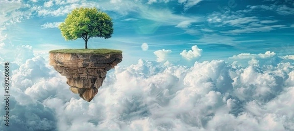 Fototapeta Surreal island suspended in the sky among fluffy clouds, creating a dreamlike landscape