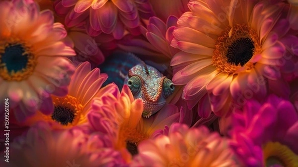 Fototapeta Chameleon skillfully camouflaging itself against a vibrant and colorful background environment
