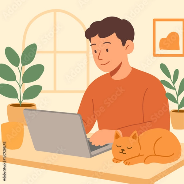 Fototapeta Remote Work at Home, Freelancer or employee working from home in cozy space with coffee and laptop