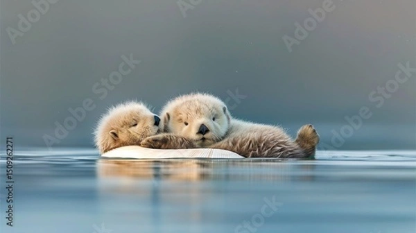 Fototapeta Sea otter relaxing on the water with a shell balanced on its chest, embracing nature s beauty