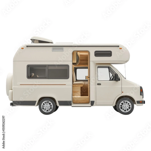 Obraz A compact, modern motorhome with an open entry door and visible interior seating and kitchen area.