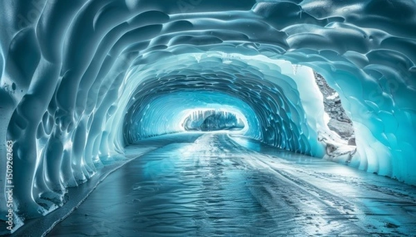 Fototapeta Majestic icy glacier cave illuminated by stunning blue light creating a breathtaking scene