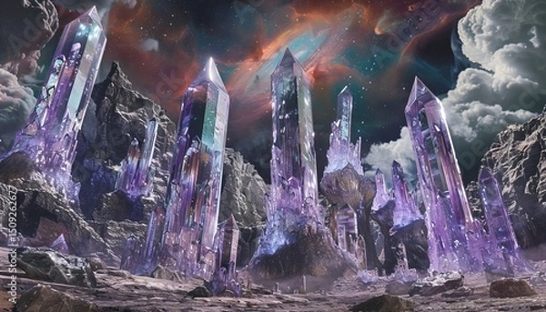 Fototapeta Enchanting crystal forest illuminated by a dazzling starry sky, creating a magical nighttime scene