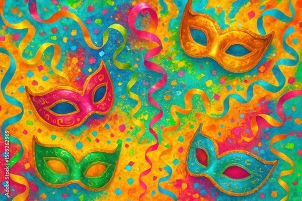 Fototapeta Explosive and festive abstract background for a Brazilian Carnival celebration, featuring a dynamic swirl of colorful confetti, vibrant streamers, sparkling glitter, and ornate carnival masks.
