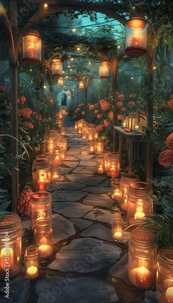 Fototapeta Magical forest clearing illuminated by ethereal lights and enchanting atmosphere