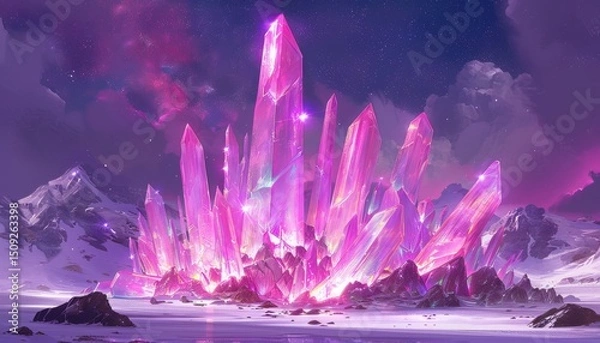 Fototapeta Enchanting crystal forest glowing under a mesmerizing starry night sky filled with wonders