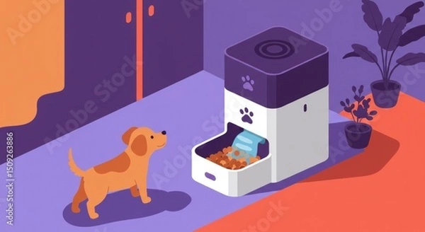 Obraz Automated pet feeder concept with happy dog, minimalist and modern design